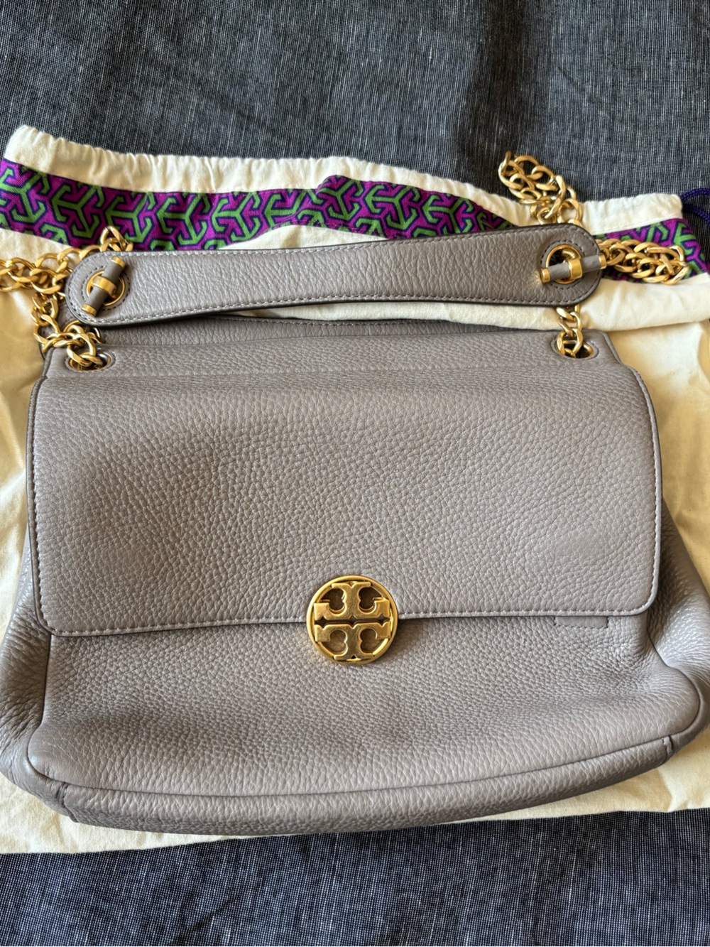 Tory Burch Pebbled Leather Shoulder Bag in Light Gray with Gold Hardware